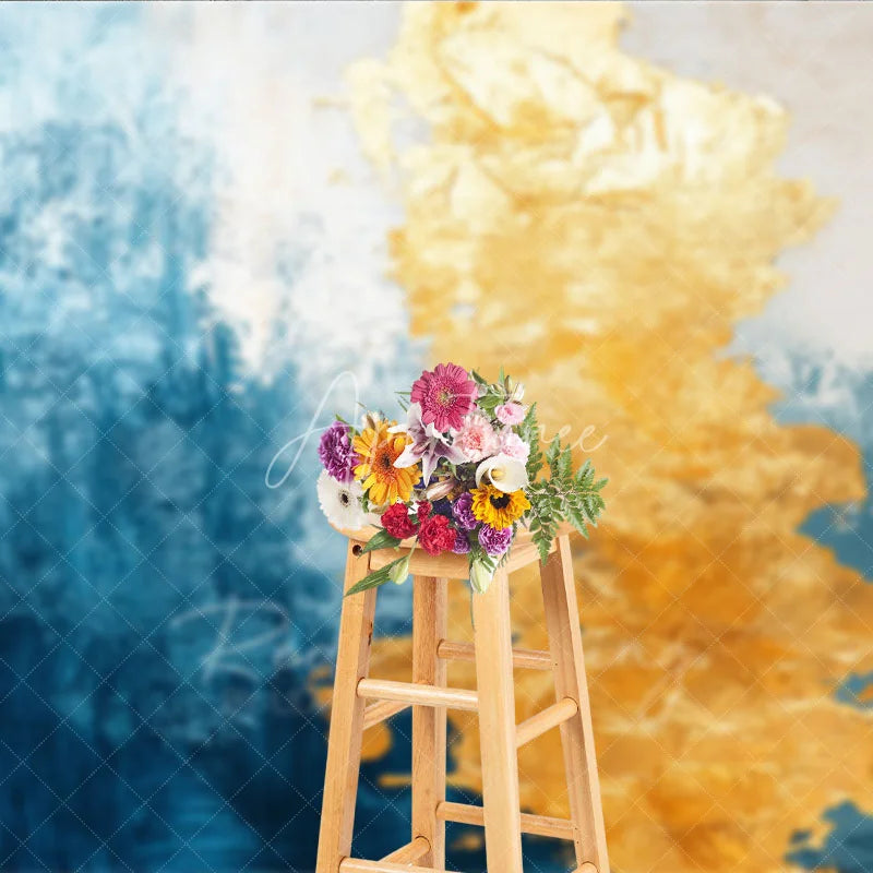 Aperturee - Aperturee Abstract Blue and Gold Textured Photography Backdrop with Artistic Brushstrokes Modern Studio Portrait Background
