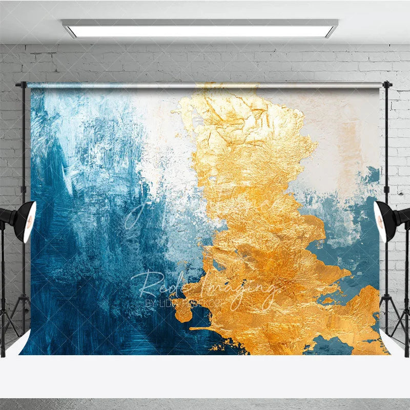 Aperturee - Aperturee Abstract Blue and Gold Textured Photography Backdrop with Artistic Brushstrokes Modern Studio Portrait Background