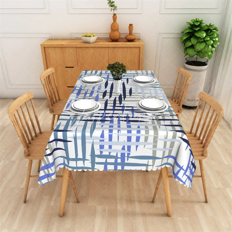Aperturee - Aperturee Abstract Blue and Grey Brushstroke Pattern Rectangle Tablecloth Modern Artistic Dining and Event Decor