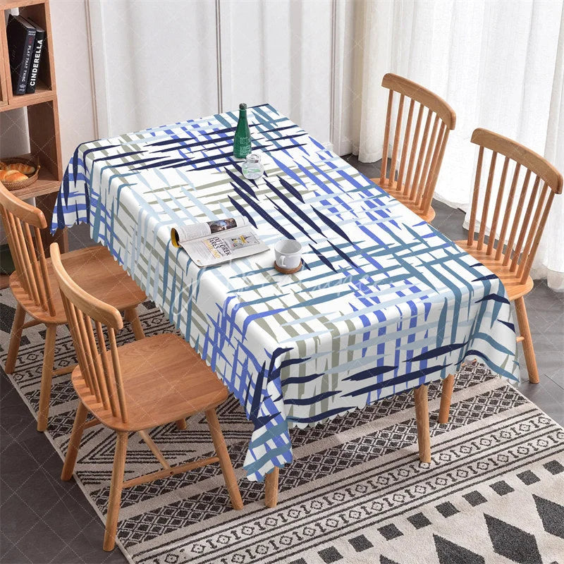 Aperturee - Aperturee Abstract Blue and Grey Brushstroke Pattern Rectangle Tablecloth Modern Artistic Dining and Event Decor