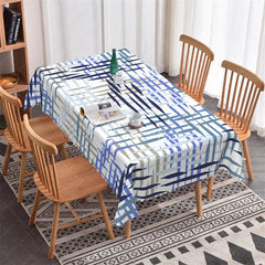 Aperturee - Aperturee Abstract Blue and Grey Brushstroke Pattern Rectangle Tablecloth Modern Artistic Dining and Event Decor
