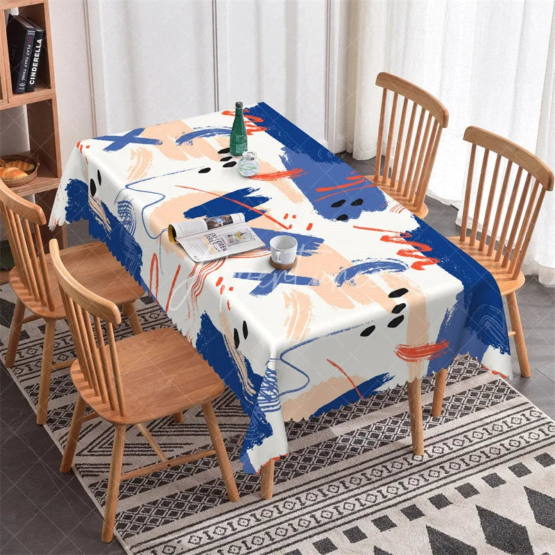 Aperturee - Aperturee Abstract Blue and Orange Brush Stroke Rectangle Tablecloth Modern Artistic Party Decor