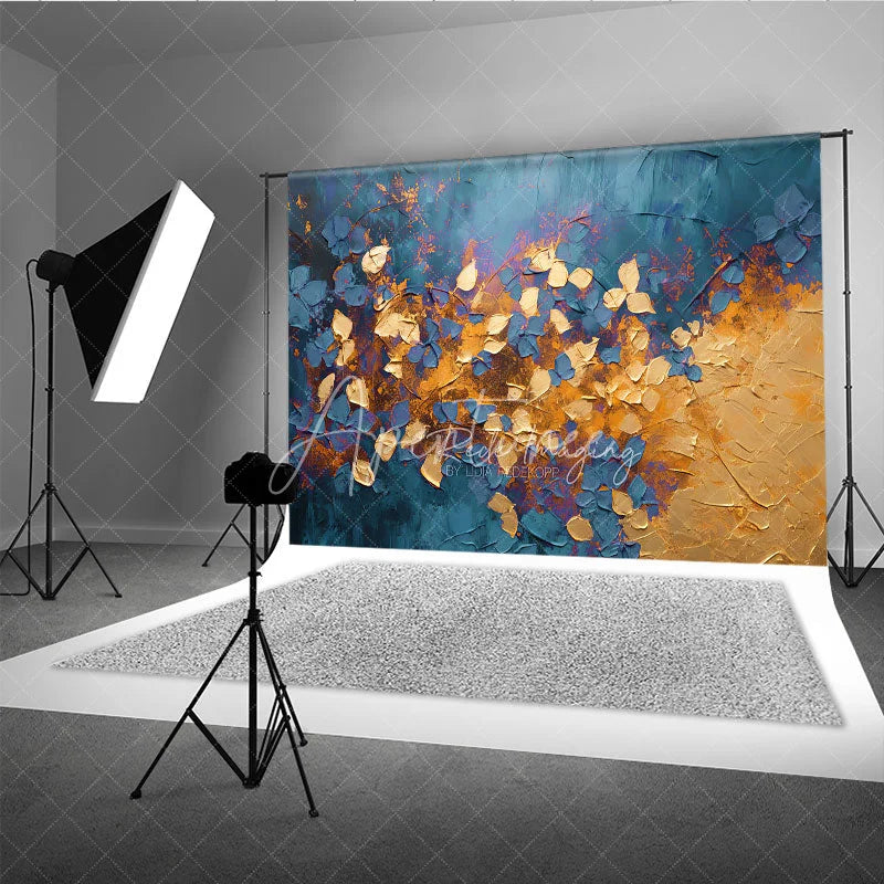 Aperturee - Aperturee Abstract Blue Gold Leaves Backdrop Dark Teal Plant Gold Foil Texture Background Artistic Photography Prop