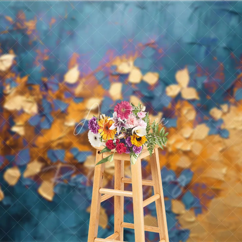 Aperturee - Aperturee Abstract Blue Gold Leaves Backdrop Dark Teal Plant Gold Foil Texture Background Artistic Photography Prop