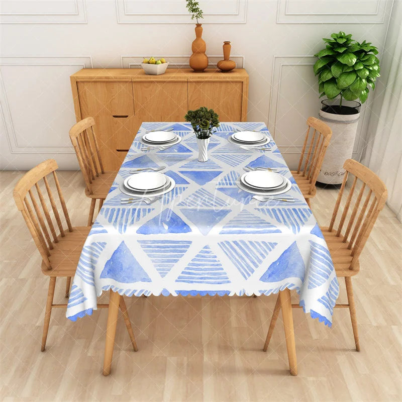 Aperturee - Aperturee Abstract Blue Watercolor Triangle Pattern Rectangle Tablecloth Scalloped Edge Home Dining Decor