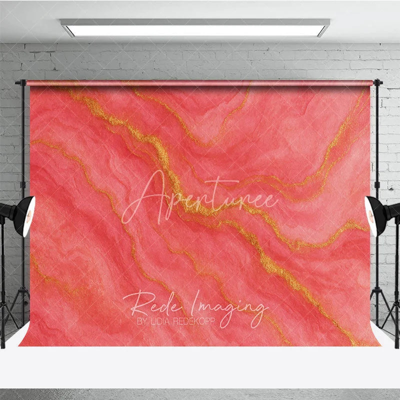 Aperturee - Aperturee Abstract Coral Pink and Gold Veins Photography Backdrop Elegant Textured Marble Style for Studio