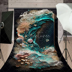 Aperturee - Aperturee Abstract Dark Teal Ocean Wave Backdrop Gold Foil and Textured Sea Urchin Professional Photography Background