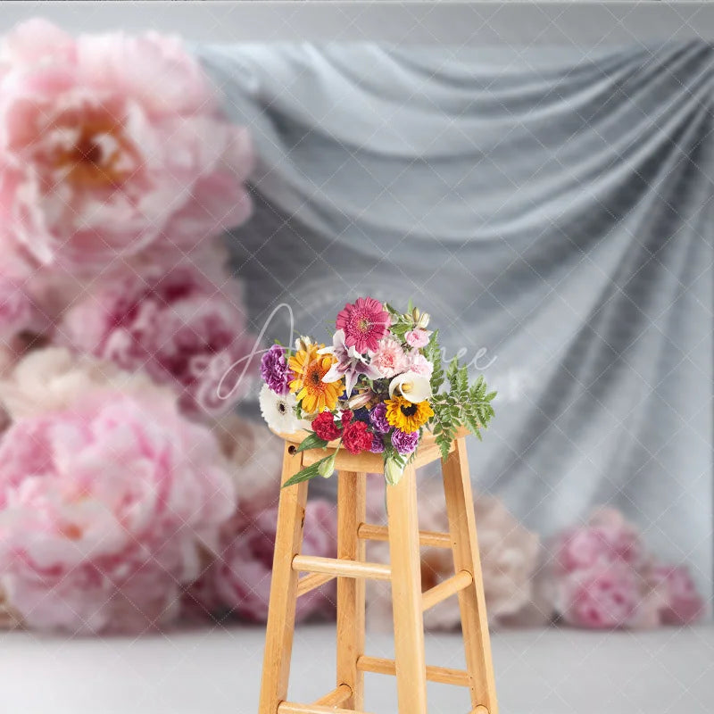 Aperturee - Aperturee Abstract Floral Backdrop Grey Drapes with Pink Peony Modern Minimalist Photography Background Prop