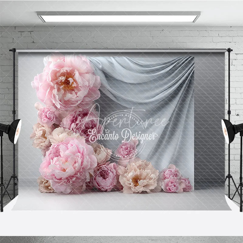 Aperturee - Aperturee Abstract Floral Backdrop Grey Drapes with Pink Peony Modern Minimalist Photography Background Prop