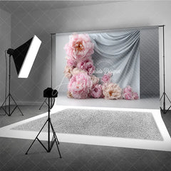 Aperturee - Aperturee Abstract Floral Backdrop Grey Drapes with Pink Peony Modern Minimalist Photography Background Prop