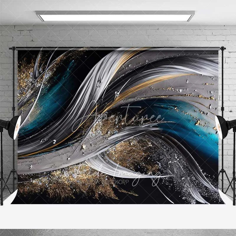 Aperturee - Aperturee Abstract Flowing Waves Fine Art Backdrop Dark Blue Silver Gold Glitter Studio Photography Background