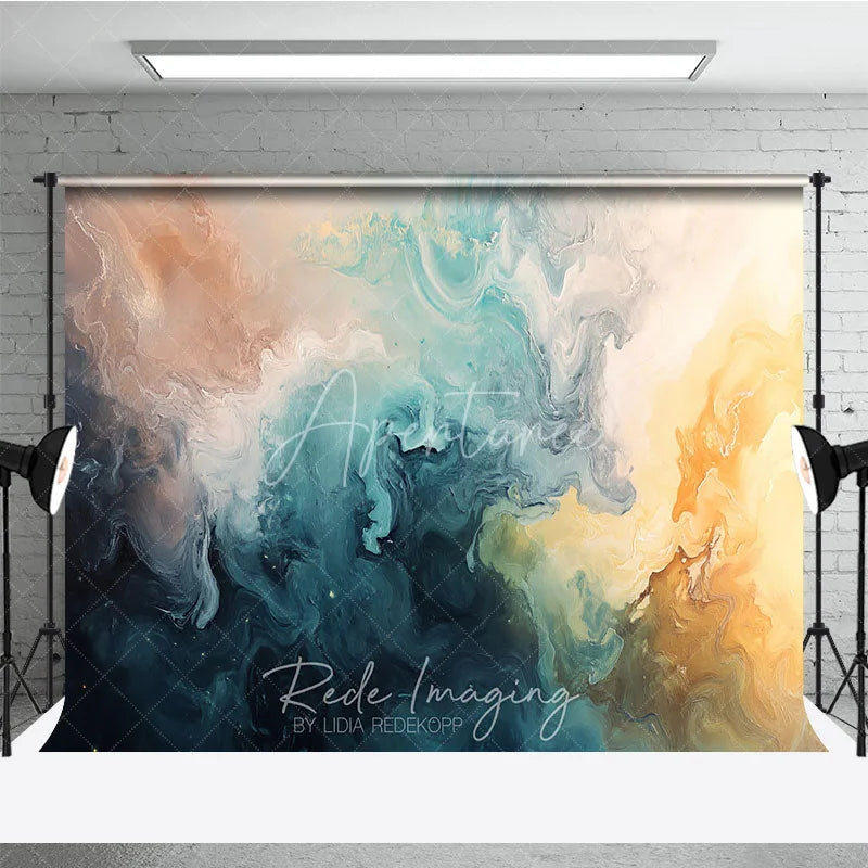 Aperturee - Aperturee Abstract Fluid Art Photography Backdrop Teal Blue Gold Brown Swirls Modern Studio Photo Booth Prop Decor