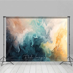Aperturee - Aperturee Abstract Fluid Art Photography Backdrop Teal Blue Gold Brown Swirls Modern Studio Photo Booth Prop Decor