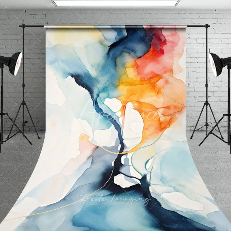 Aperturee - Aperturee Abstract Fluid Art Sweep Backdrop Blue Orange Yellow Watercolor Design Modern Artistic Photography Studio Prop