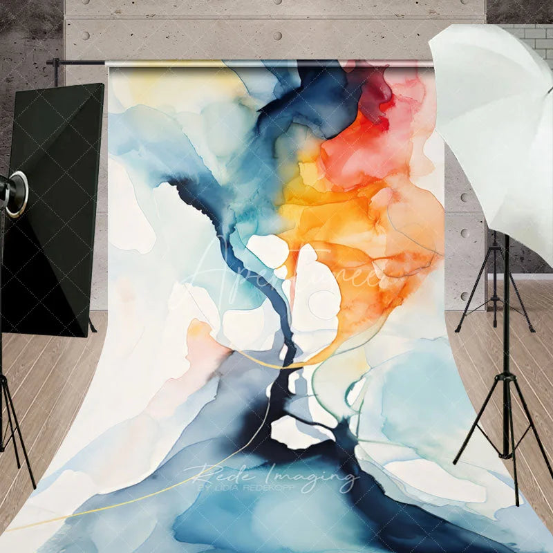 Aperturee - Aperturee Abstract Fluid Art Sweep Backdrop Blue Orange Yellow Watercolor Design Modern Artistic Photography Studio Prop