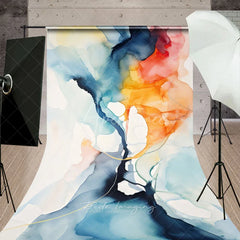 Aperturee - Aperturee Abstract Fluid Art Sweep Backdrop Blue Orange Yellow Watercolor Design Modern Artistic Photography Studio Prop