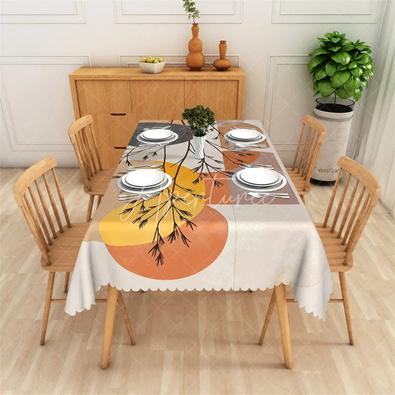 Aperturee - Aperturee Abstract Geometric Branches Rectangle Tablecloth Modern Orange Yellow Beige Scalloped Edge for Dining
