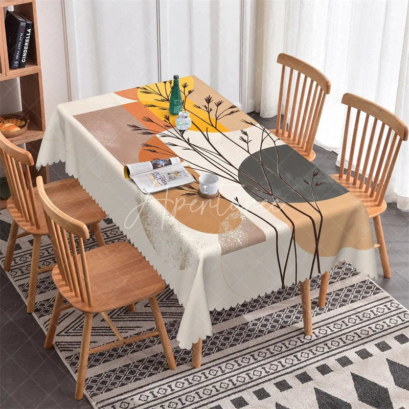 Aperturee - Aperturee Abstract Geometric Branches Rectangle Tablecloth Modern Orange Yellow Beige Scalloped Edge for Dining