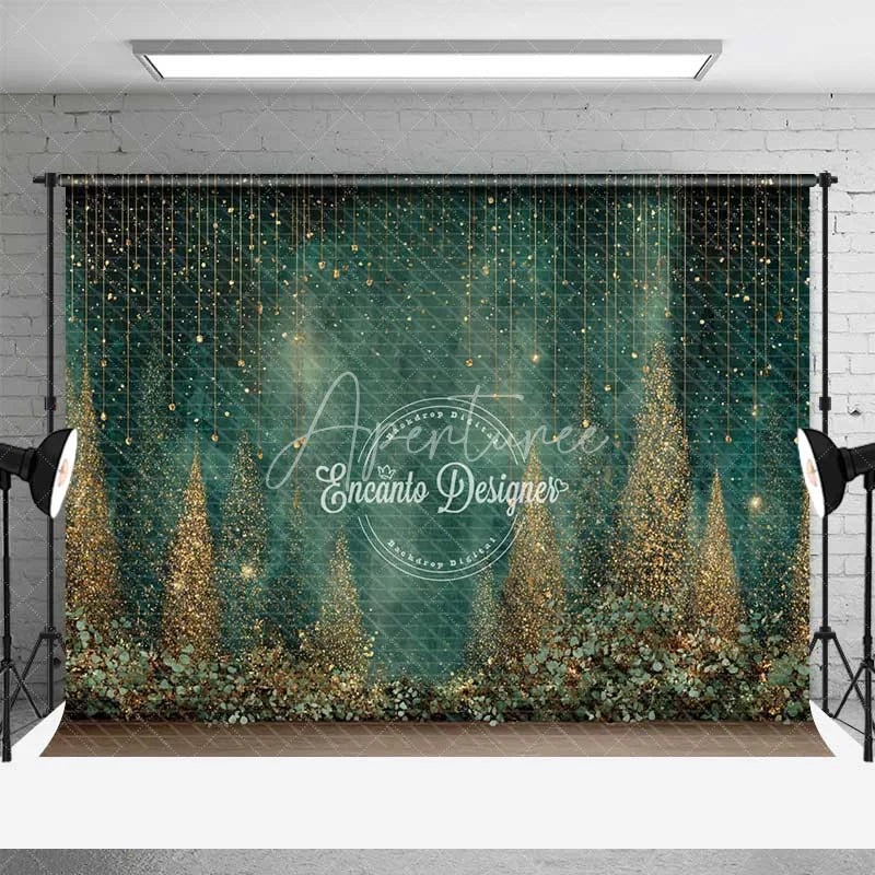 Aperturee - Aperturee Abstract Gold Glitter Forest Backdrop Dark Green Magical Rain Photography Background