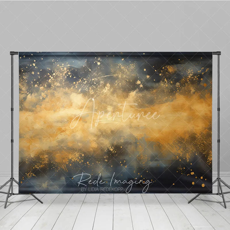 Aperturee - Aperturee Abstract Gold Splatter Dark Blue and Ochre Photography Backdrop Elegant Artistic Portrait Studio Prop
