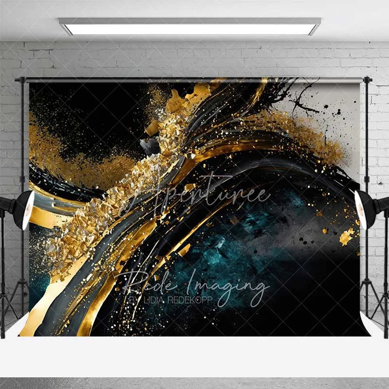 Aperturee - Aperturee Abstract Gold Texture Fine Art Backdrop Dark Blue Black Swirls Paint Strokes Studio Photography Background