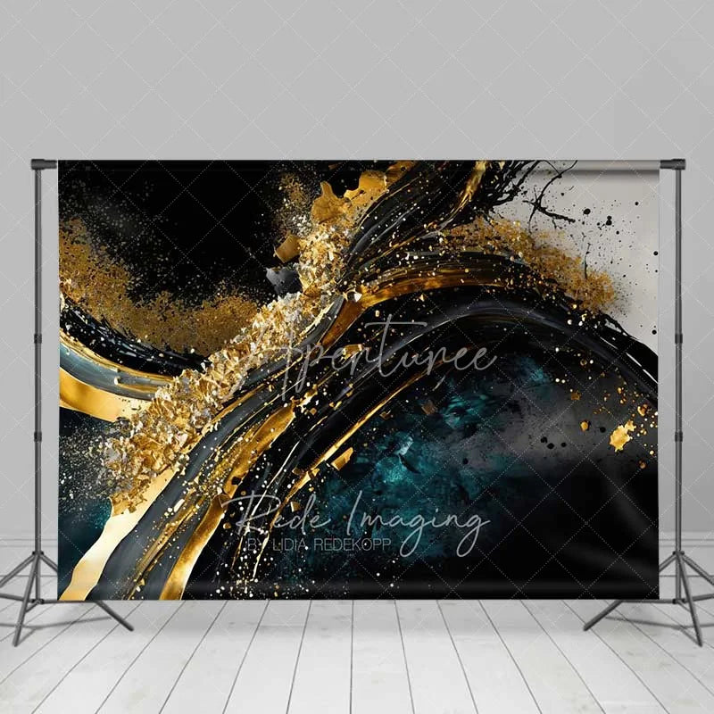 Aperturee - Aperturee Abstract Gold Texture Fine Art Backdrop Dark Blue Black Swirls Paint Strokes Studio Photography Background