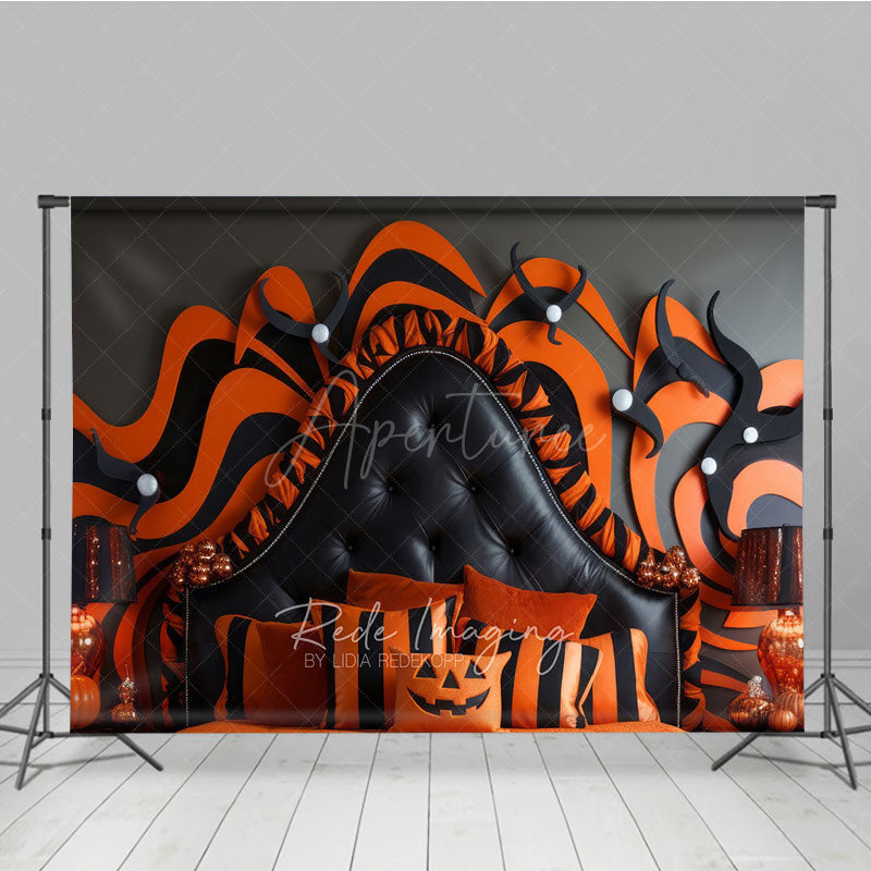 Aperturee Aperturee Abstract Halloween Headboard Photography Backdrop Orange and Black Wavy Stripes Modern Spooky Bedroom Photo Prop