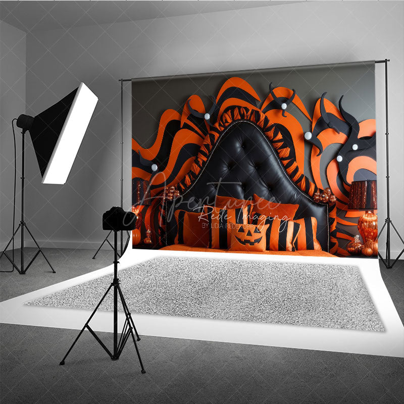 Aperturee Aperturee Abstract Halloween Headboard Photography Backdrop Orange and Black Wavy Stripes Modern Spooky Bedroom Photo Prop