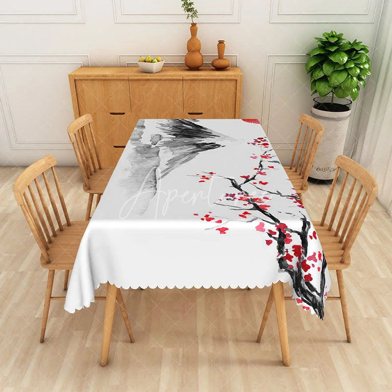 Aperturee - Aperturee Abstract Ink Wash Landscape Rectangle Tablecloth with Floral Accents for Asian Zen Inspired Dining Decor