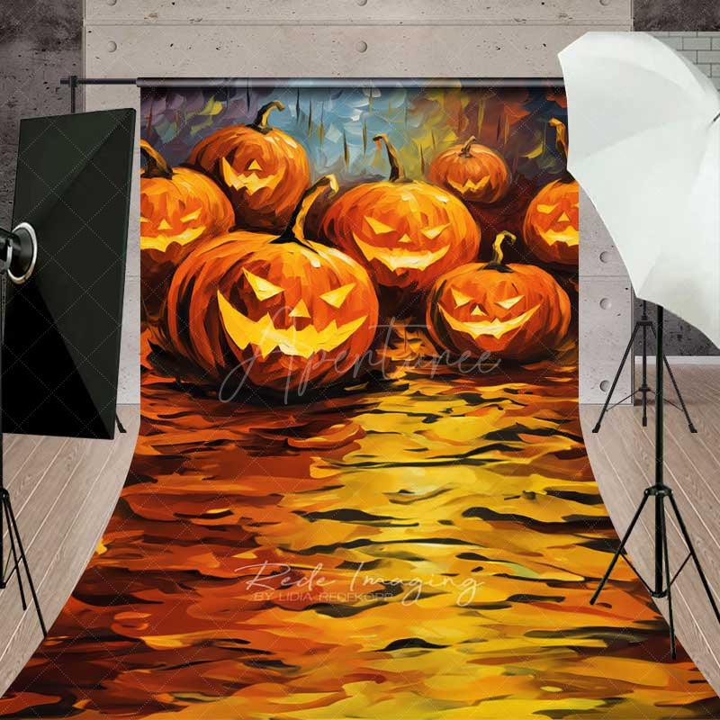 Aperturee Aperturee Abstract Jack O’ Lantern Oil Painting Sweep Photography Backdrop with Floor Colorful Carved Pumpkins Photo Prop