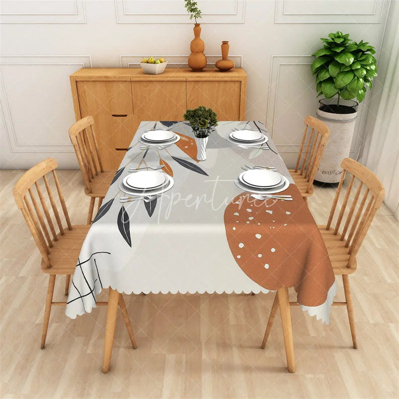 Aperturee - Aperturee Abstract Leaf Print and Burnt Orange Rectangle Tablecloth Modern Scalloped Edge Dining Decor