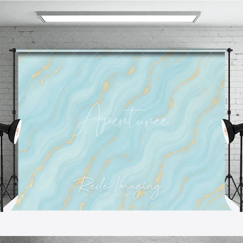Aperturee - Aperturee Abstract Light Blue and Turquoise Wavy Photography Backdrop with Gold Glitter Elegant Marble Texture