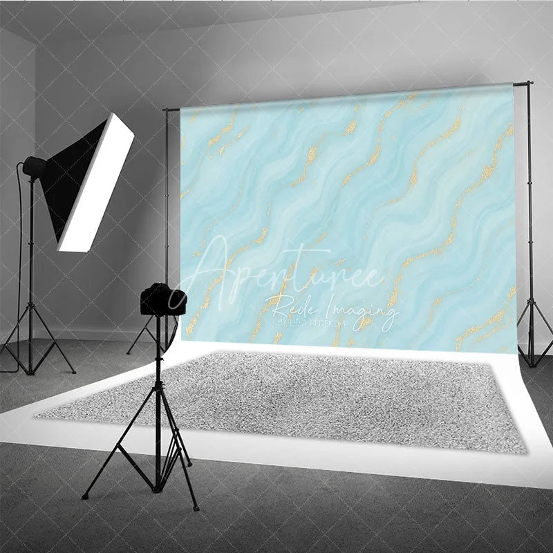 Aperturee - Aperturee Abstract Light Blue and Turquoise Wavy Photography Backdrop with Gold Glitter Elegant Marble Texture