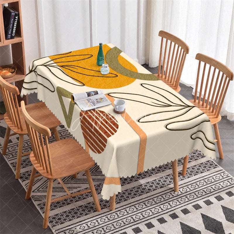 Aperturee - Aperturee Abstract Modern Art Rectangle Tablecloth with Mustard Yellow and Olive Green Shapes Black Line Design for Dining Decor