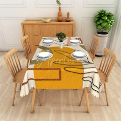 Aperturee - Aperturee Abstract Modern Art Rectangle Tablecloth with Mustard Yellow and Olive Green Shapes Black Line Design for Dining Decor
