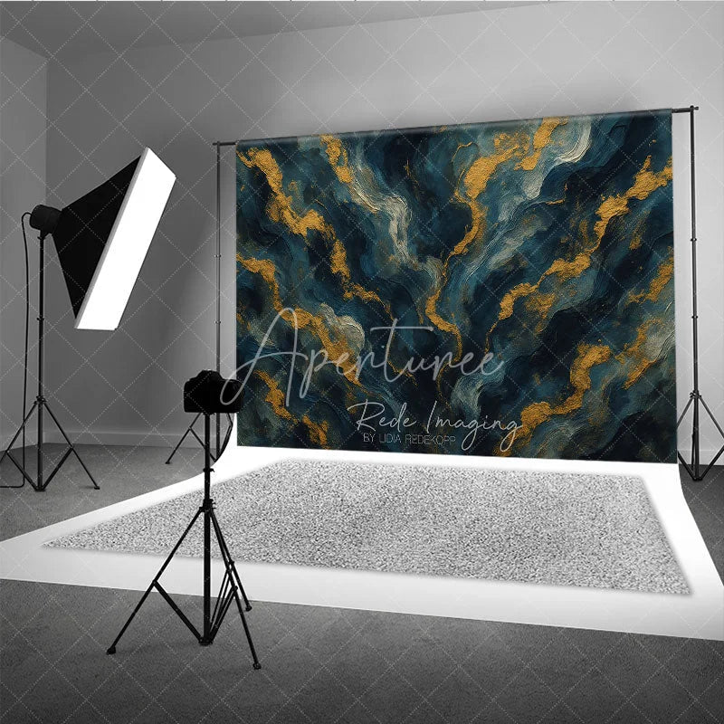 Aperturee - Aperturee Abstract Navy Blue and Gold Texture Photography Backdrop Elegant Artistic Portrait Background