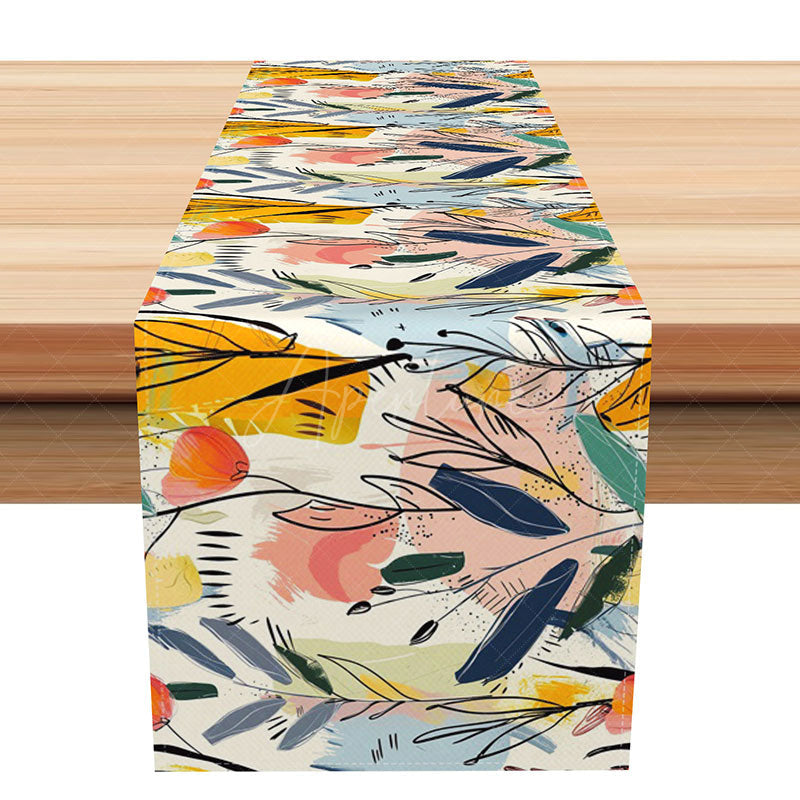 Aperturee - Aperturee Abstract Painted Table Runner with Colorful Plant Patterns for Artistic Dining and Kitchen Table Decor