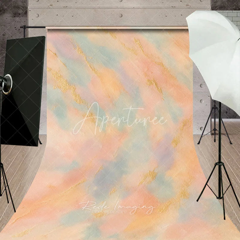 Aperturee - Aperturee Abstract Pastel Peach Blue Sweep Backdrop with Gold Texture Artistic Painterly Photography Backdrop for Portraits