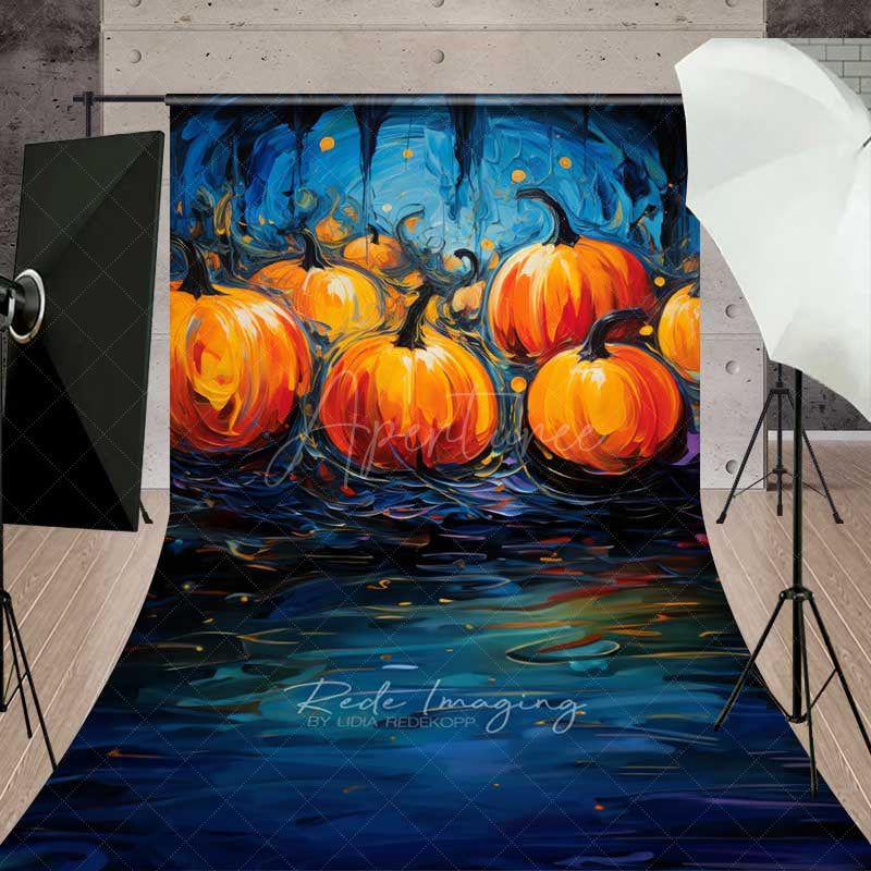 Aperturee Aperturee Abstract Pumpkin Patch Oil Painting Sweep Backdrop with Floor Moody Blue and Orange Halloween Photography Prop