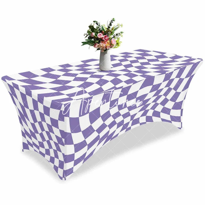 Aperturee - Aperturee Abstract Purple White Checker Fitted Stretch Table Cover
