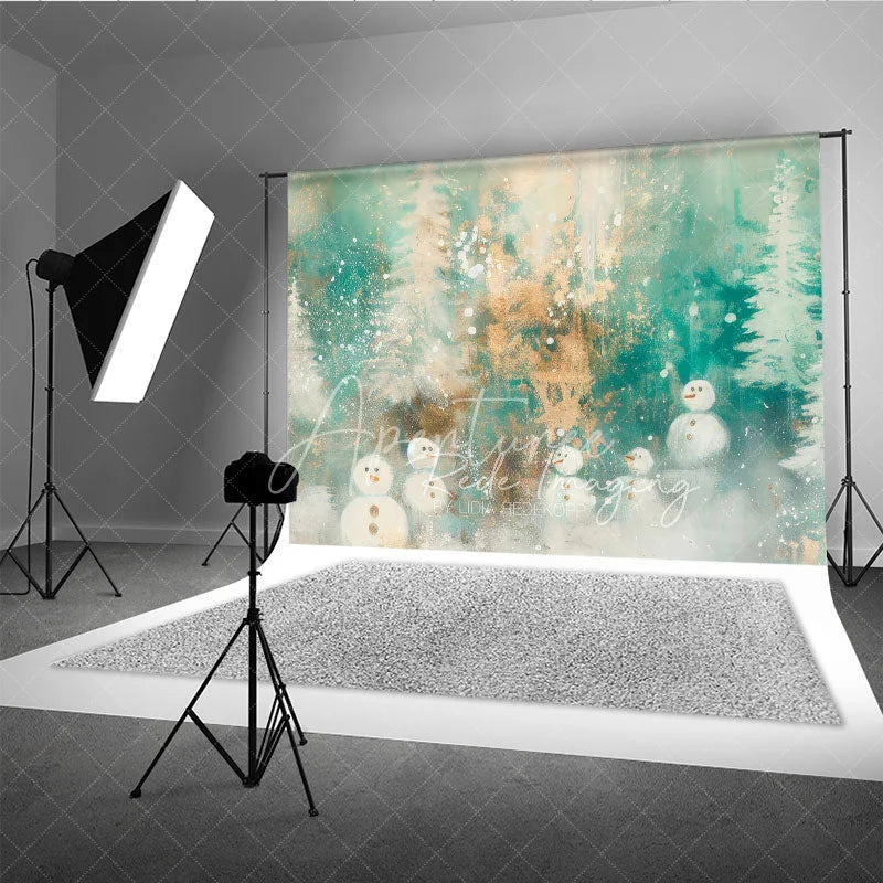 Aperturee - Aperturee Abstract Snowman Photography Backdrop Painterly Winter Forest in Teal and Gold Whimsical Christmas Decor
