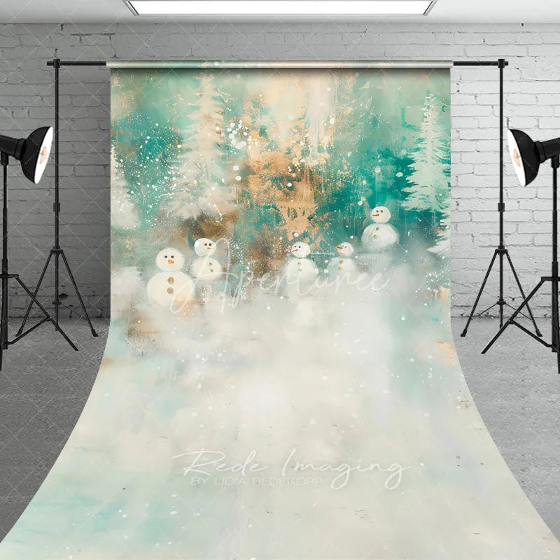 Aperturee - Aperturee Abstract Snowman Sweep Backdrop Painterly Winter Forest in Teal and Gold Whimsical Christmas Floor Drop