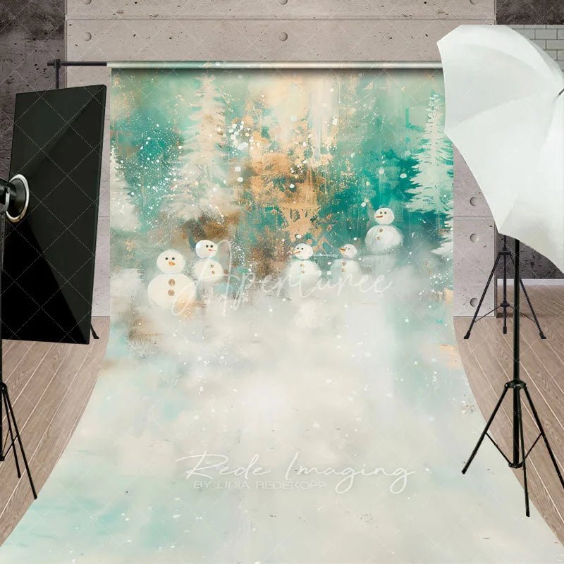 Aperturee - Aperturee Abstract Snowman Sweep Backdrop Painterly Winter Forest in Teal and Gold Whimsical Christmas Floor Drop