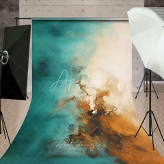 Aperturee - Aperturee Abstract Teal and Brown Oil Painting Sweep Backdrop Artistic Texture Studio Background for Portrait Photography
