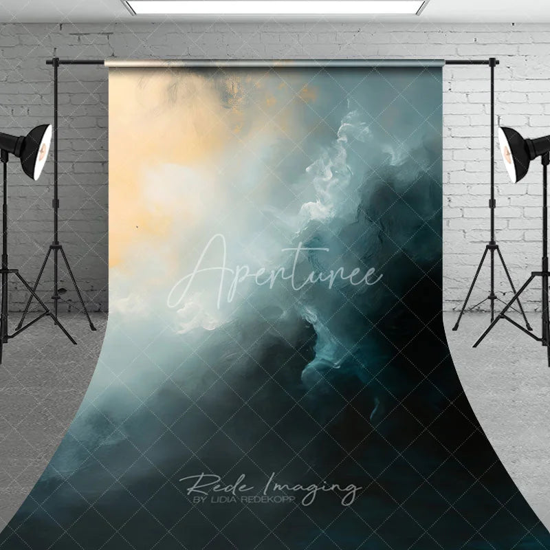 Aperturee - Aperturee Abstract Teal and Gold Painterly Sweep Backdrop Ethereal Light Photography Studio Prop
