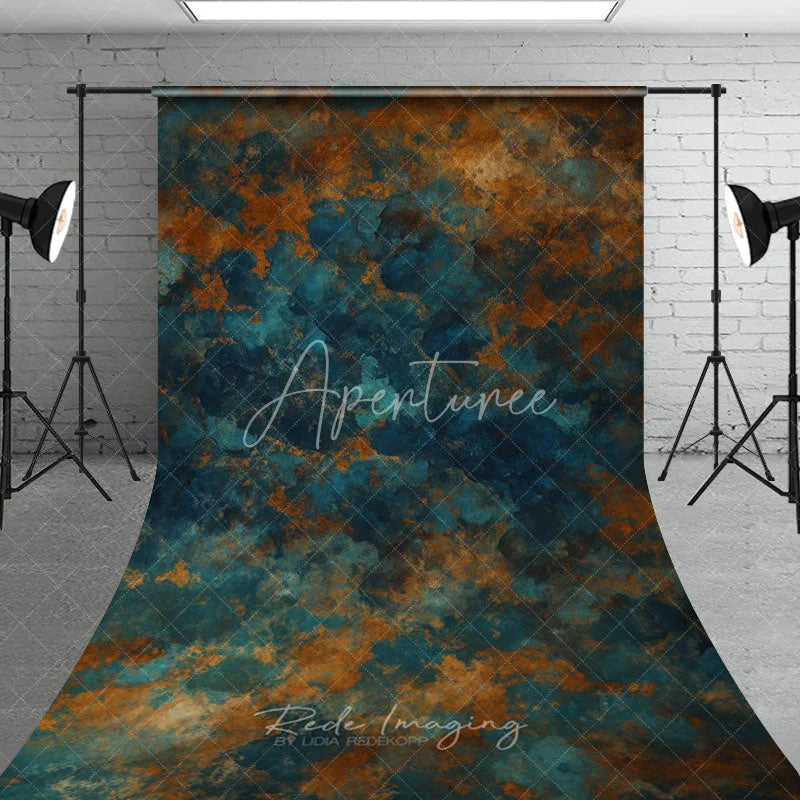 Aperturee - Aperturee Abstract Teal and Rust Grunge Texture Sweep Backdrop Artistic Photography Studio Background for Professional Portraits