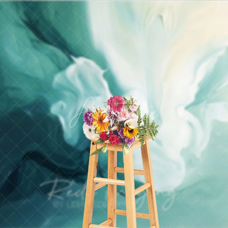 Aperturee - Aperturee Abstract Teal and White Flowing Brushstroke Photography Backdrop Artistic Modern Studio Background for Portraits