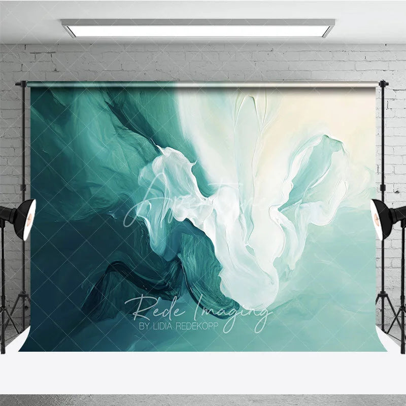Aperturee - Aperturee Abstract Teal and White Flowing Brushstroke Photography Backdrop Artistic Modern Studio Background for Portraits