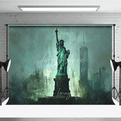 Aperturee - Aperturee Abstract Teal Green Statue of Liberty Photography Backdrop Iconic New York City Skyline Art for Studio Photoshoot