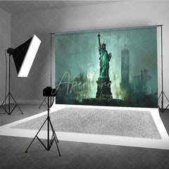Aperturee - Aperturee Abstract Teal Green Statue of Liberty Photography Backdrop Iconic New York City Skyline Art for Studio Photoshoot